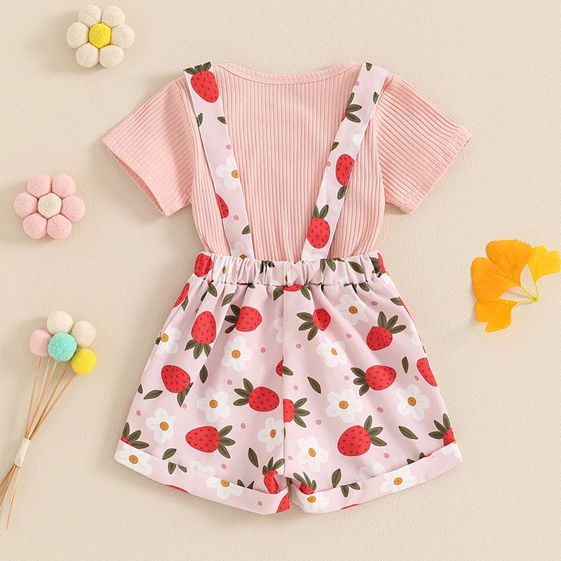 Toddler Kids Girls 2Pcs Summer Outfit Solid Color Ribbed Short Sleeve Top and Flower Strawberry Print Suspender Shorts Overalls Set