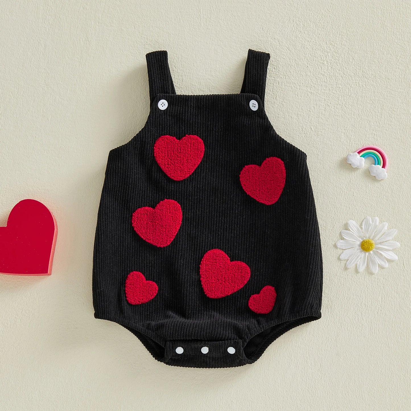 Baby Boys Girls Corduroy Romper Fashionable Heart Embroidery Sleeveless Square Neck Jumpsuit Overalls