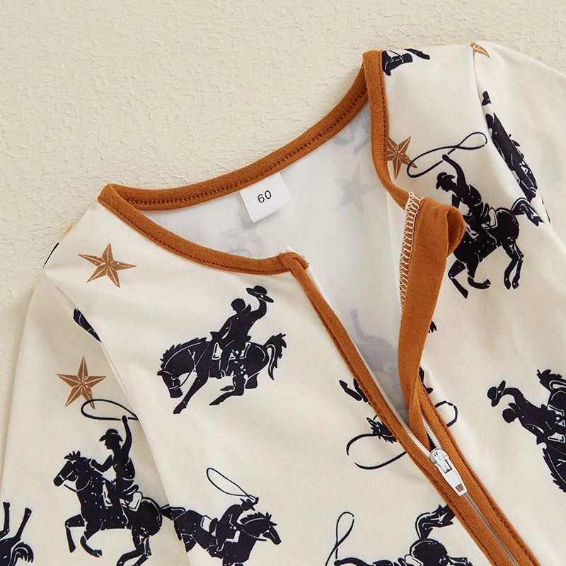 Baby Boy Zipper Romper Casual Western Cowboy Horse Print Long Sleeve Jumpsuit