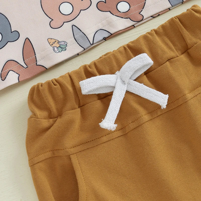 Baby Toddler Boys 2Pcs Easter Shorts Set Carrot Bunny Print Short Sleeve Round Neck Top Elastic Waistband Shorts