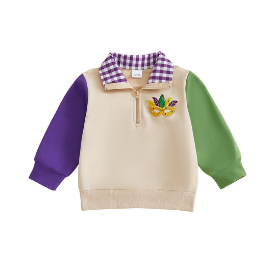 Baby Toddler Boys Collared Top Fashionable Cute Mardi Gras Mask Embroidery Long Sleeve Pullover