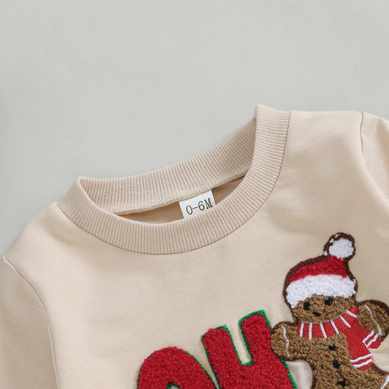 Baby Toddler Boys Girls Oh Snap Christmas Letter Gingerbread Man Embroidery Long Sleeve Crew Neck Pullover Top