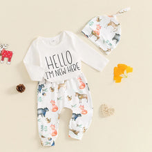 Load image into Gallery viewer, Baby Girls Boys 3Pcs Hello I&#39;m New Here Long Sleeve O Neck Romper Animals Print Pants Hat Set
