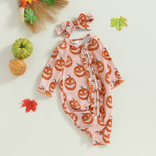Load image into Gallery viewer, Baby Girl 2 Pcs Halloween Jumpsuit with Headband Pumpkin Print Long Sleeve Front Zipper Romper

