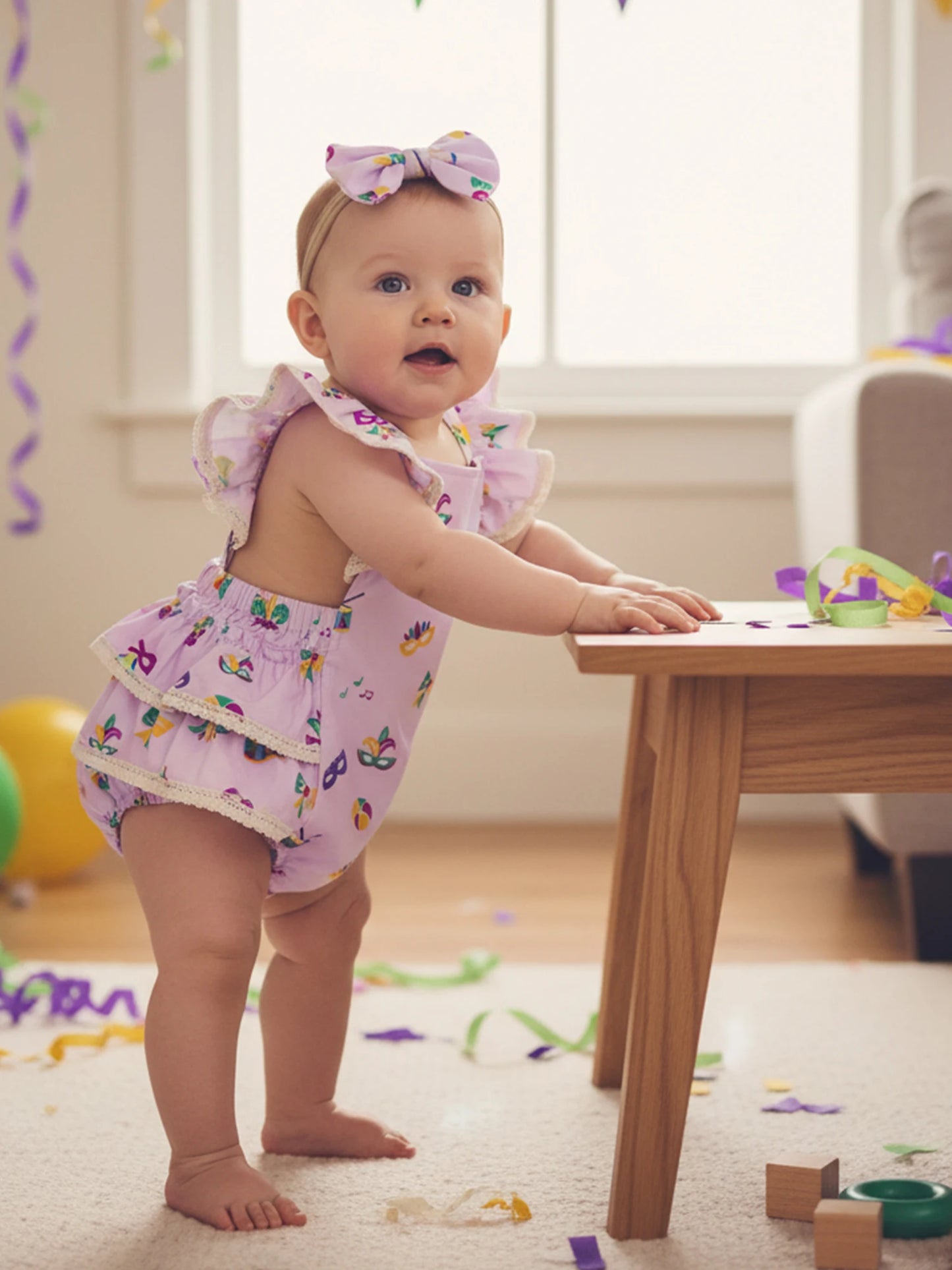 Baby Girl 2Pcs MardiGras Outfit Ruffled Trim Flying Sleeve Romper and Bow Headband Set