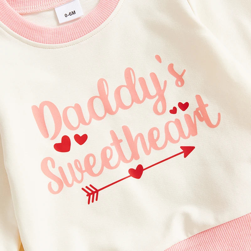 Baby Toddler Girls 2Pcs Little Dude Big Heart / Daddy's Sweetheart Outfit Letter Heart Print Long Sleeve Crewneck Top with Solid Color Pants Valentines Jogger Set Valentine's Day