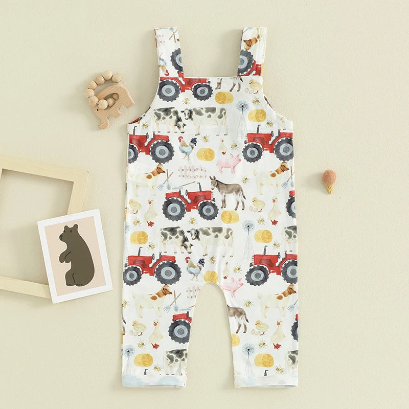 Baby Girl Boy Overalls Romper Farm Animals Print Highland Cows Tractors Sleeveless Tank Top Jumpsuit Pants