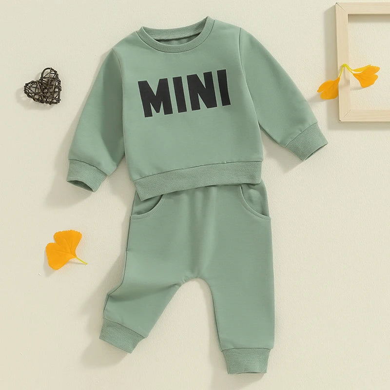 Baby Toddler Boys Girls MINI Set Letter Print Long Sleeve Round Neck Top Pockets Long Pants Outfit