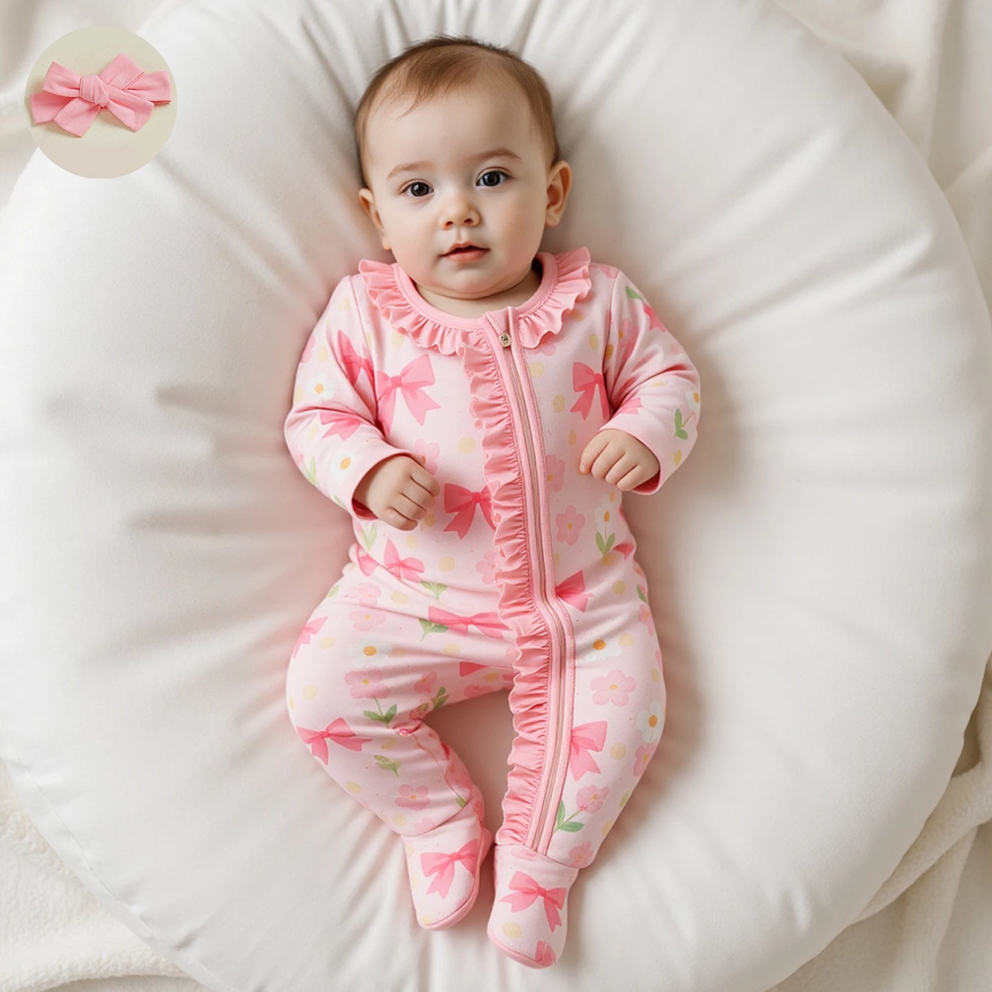 Baby Girl 2Pcs Footed Zipper Romper Floral Print Long Sleeve Zip Up Round Neck Ruffled Jumpsuit with Headband Set