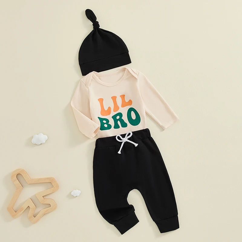 Baby Boys 3Pcs Lil Bro Outfit Letter Print Long Sleeve Romper Elastic Waist Pants Hat Set