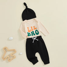 Load image into Gallery viewer, Baby Boys 3Pcs Lil Bro Outfit Letter Print Long Sleeve Romper Elastic Waist Pants Hat Set
