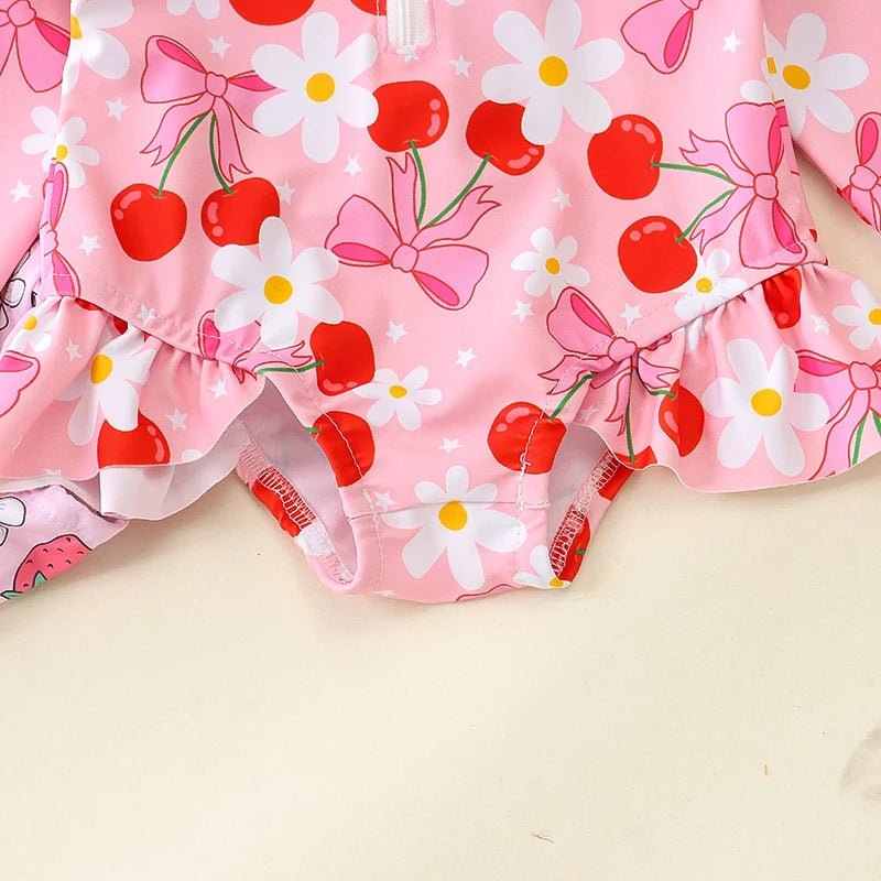 Baby Toddler Girls 2Pcs Rash Guard Swimsuit with Hat Bow Floral Print Zip Up Long Sleeve Crew Neck Swimwear Bathing Suit Set