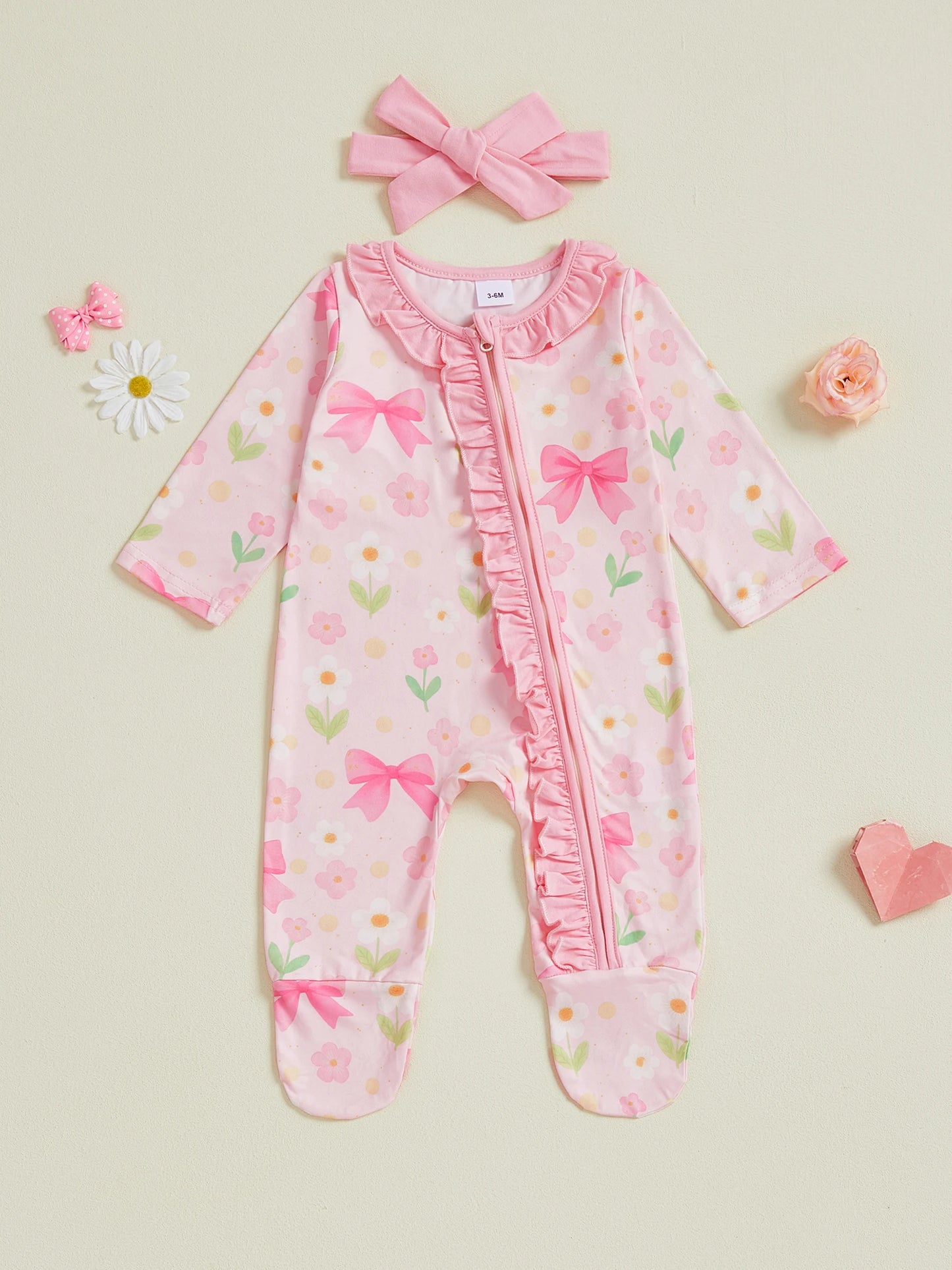 Baby Girl 2Pcs Pink Romper Set with Matching Headband Long Sleeves Floral Bow Print and Ruffled Details - Zip Up Jumpsuit Zipper Romper