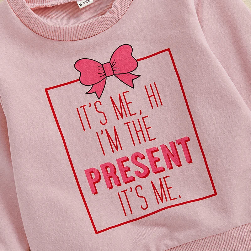 Baby Toddler Girls 2Pcs It's Me Hi I'm The Present It's Me Valentine's Day Outfit Bow Letter Print Crew Neck Long Sleeve Top Long Pants Valentines Jogger Set