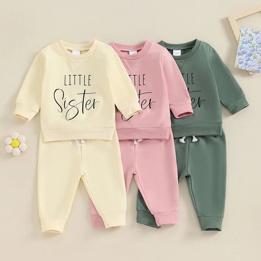 Baby Toddler Girls 2Pcs Little Sister Outfits Solid Color Long Sleeve Top Jogger Pants Set