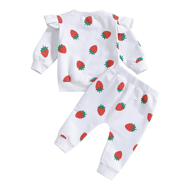 Baby Toddler Girls 2Pcs Outfit Strawberry Print Long Sleeve Crew Neck Top with Elastic Waist Pants Fall Set