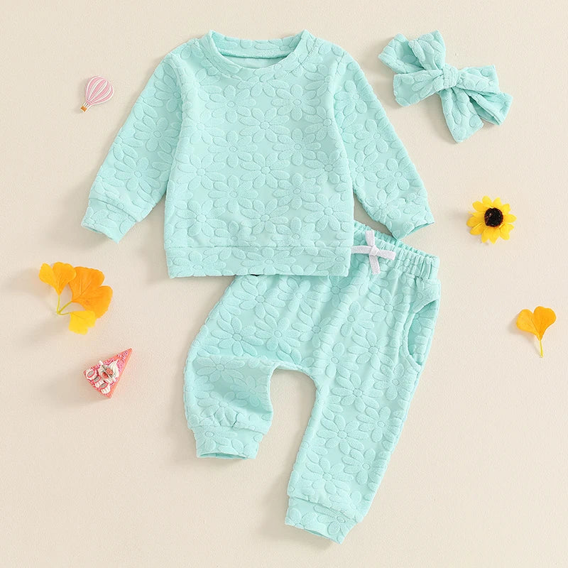 Baby Toddler Girls 3Pcs Fall Outfit Daisy Flower Embroidery Long Sleeve Top with Elastic Waist Pants Headband Set