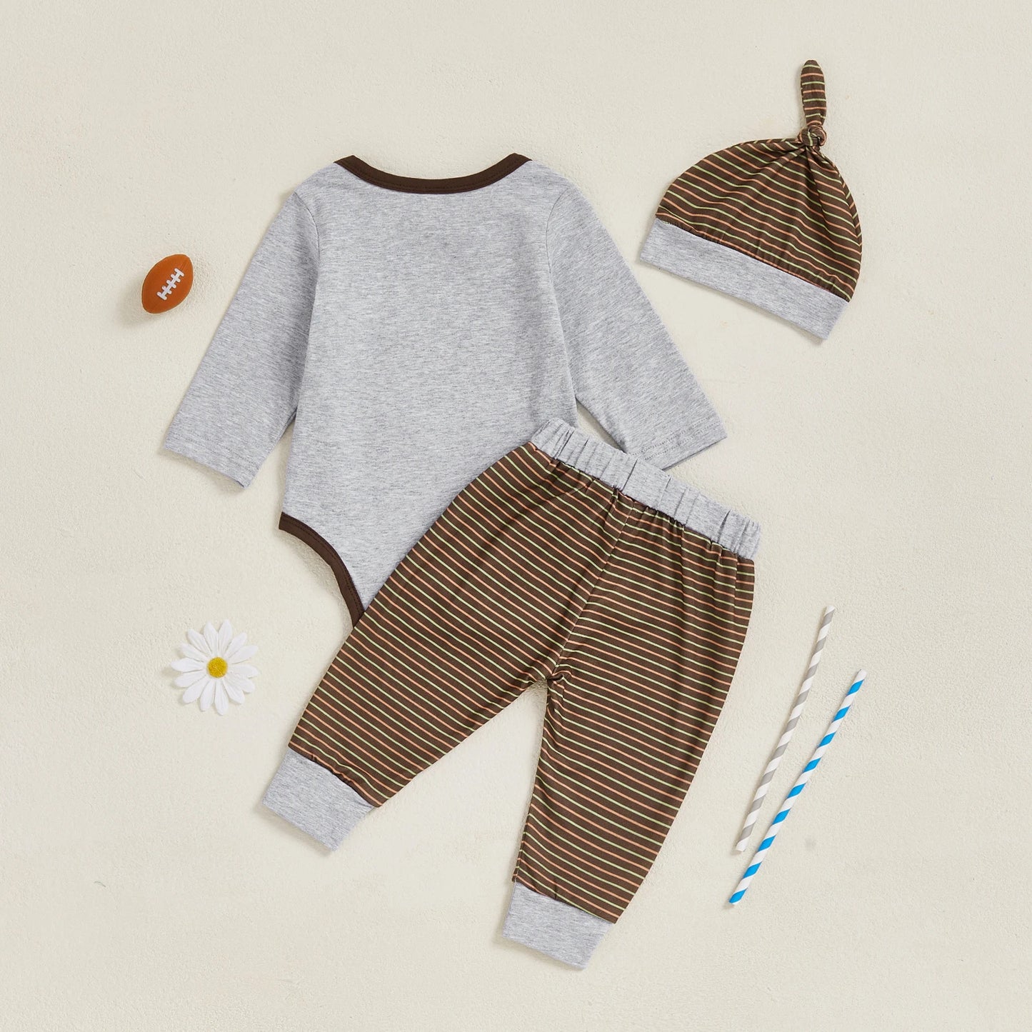 Baby Boys 3Pcs My First Football Season Fall Set Letter Embroidery Long Sleeve Romper Elastic Waist Striped Pants and Hat Outfit