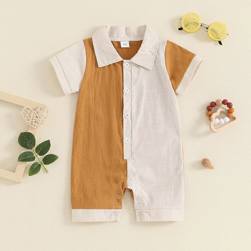 Baby Boy Jumpsuit Summer Short Sleeve Lapel Collar Stripes Contrast Color Print Romper Playsuit