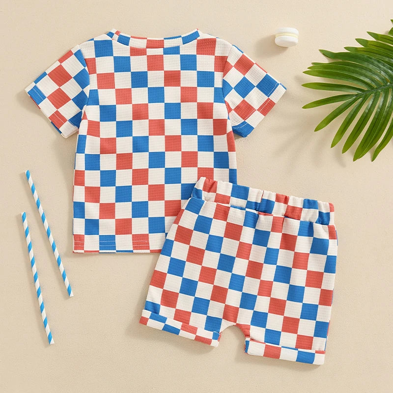 Baby Toddler Boys 2Pcs Outfit Checker Pattern Pocket Round Neck Short Sleeve Top Elastic Waist Shorts Set