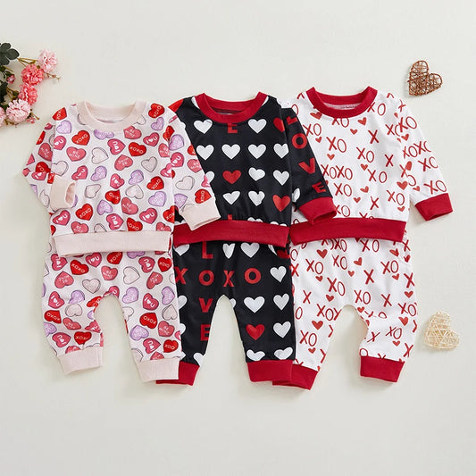 Baby Toddler Boys Girls 2Pcs Valentine's Day Outfit Heart Letter XOXO Love Long Sleeve Crewneck Top and Elastic Pants Valentines Jogger Set