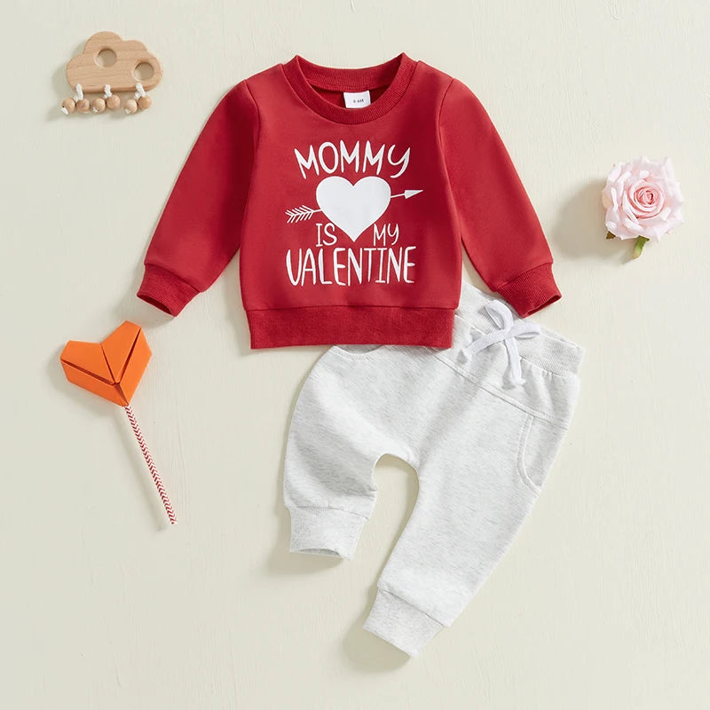 Baby Toddler Boys Girls 2Pcs Mommy Is My Valentine Valentine's Day Outfit Letter Print Long Sleeve Crewneck Top and Elastic Pants Jogger Set Valentines