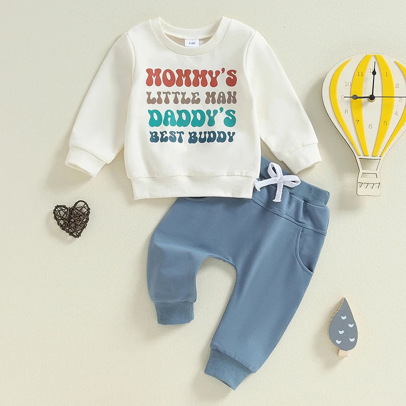 Baby Toddler Boys 2Pcs Mommy' little Man Daddy's Best Buddy Set Long Sleeve Crew Neck Letters Print Top with Elastic Waist Pants Clothes Outfit