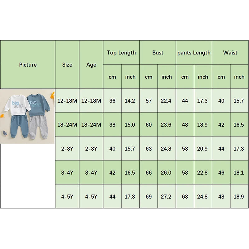 Toddler Kids Boys 2Pcs Big Brother Fall Set Letter Embroidery Long Sleeve Crewneck Top with Solid Color Pants Outfit