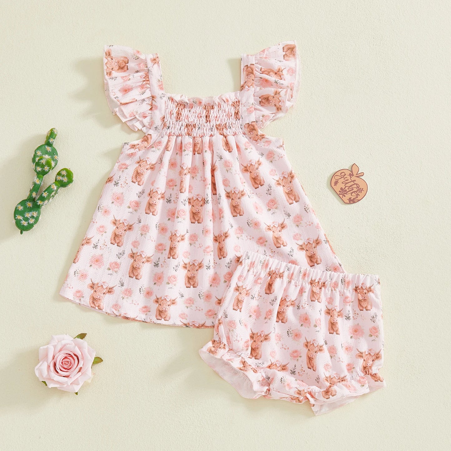 Baby Toddler Girl 2pcs Summer Outfits Highland Cow Floral Print Ruffled Sleeve Top with Matching Shorts 2 Piece Set