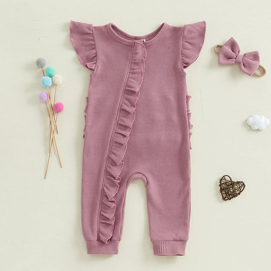 Baby Girl 2Pcs Spring Summer Outfit Ruffle Sleeveless Short Sleeve Zip Up Jumpsuit Zipper Romper with Headband Bow Set Clothes