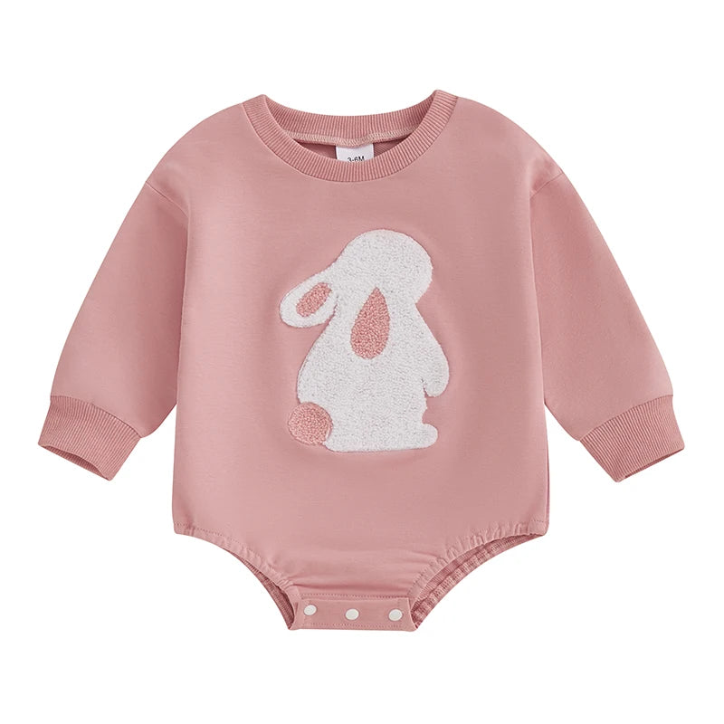 Baby Girls Easter Bubble Romper Spring Long Sleeve Bunny Rabbit Embroidery Loose Bodysuit Playsuit