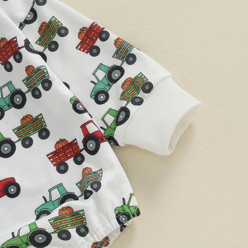 Baby Boys Romper Cartoon Tractor Wagon Pumpkin Print Round Neck Long Sleeve Jumpsuit Fall Bodysuit