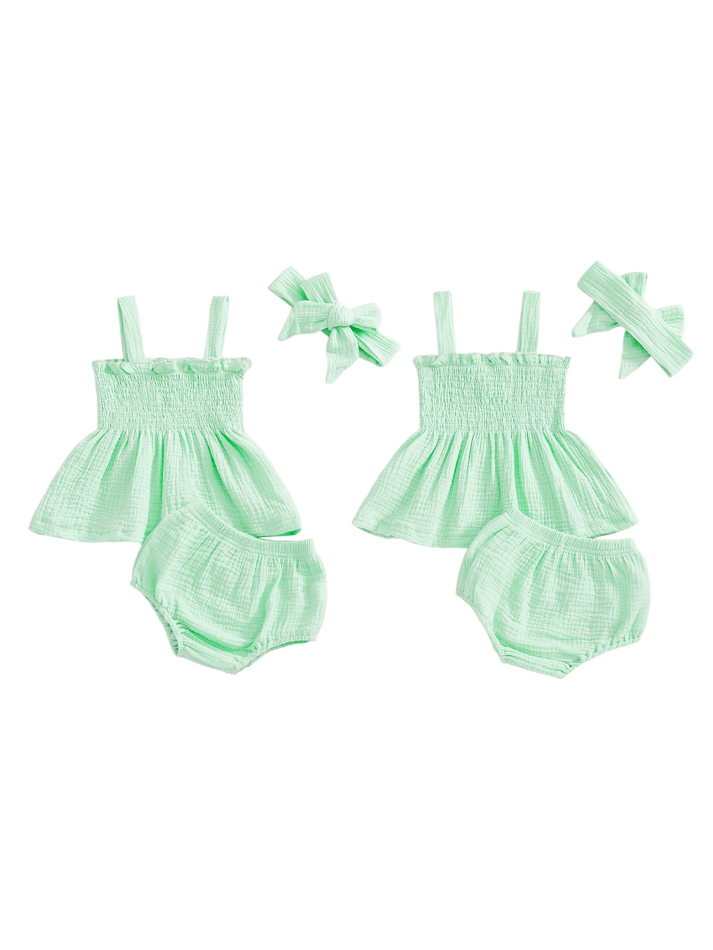 Baby Girl Summer Outfits Solid Color Ruffled Trim Smocked A Line Sleeveless Tops Shorts and Headband 3 Pcs Set