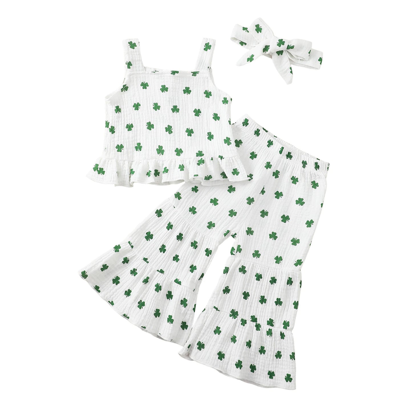 Baby Toddler Girls 3Pcs St. Patrick's Day Outfit Shamrock Print Sleeveless Top and Elastic Waist Flared Pants Set