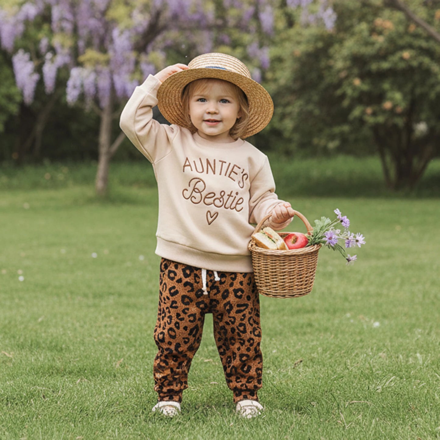 Baby Toddler Girls 2Pcs Auntie's Bestie Spring Outfit Letter Embroidery Long Sleeve Round Neck Pullover Top + Leopard Pants Jogger Set