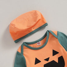 Load image into Gallery viewer, Baby Boys Girls 3Pcs Halloween Clothes Set Long Sleeve Pumpkin Jack O&#39;Lantern Face Print Romper +Pumpkin Print Long Pants and Hat Costume Outfit
