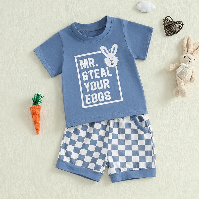 Baby Toddler Boys 2Pcs Mr. Steal Your Eggs Easter Outfit Letter Bunny Rabbit Short Sleeve T-Shirt Top Checkered Shorts Spring Set