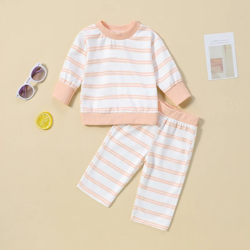 Baby Toddler Boys Girls 2Pcs Fall Outfit Stripes Print Long Sleeve Top and Elastic Pants Set