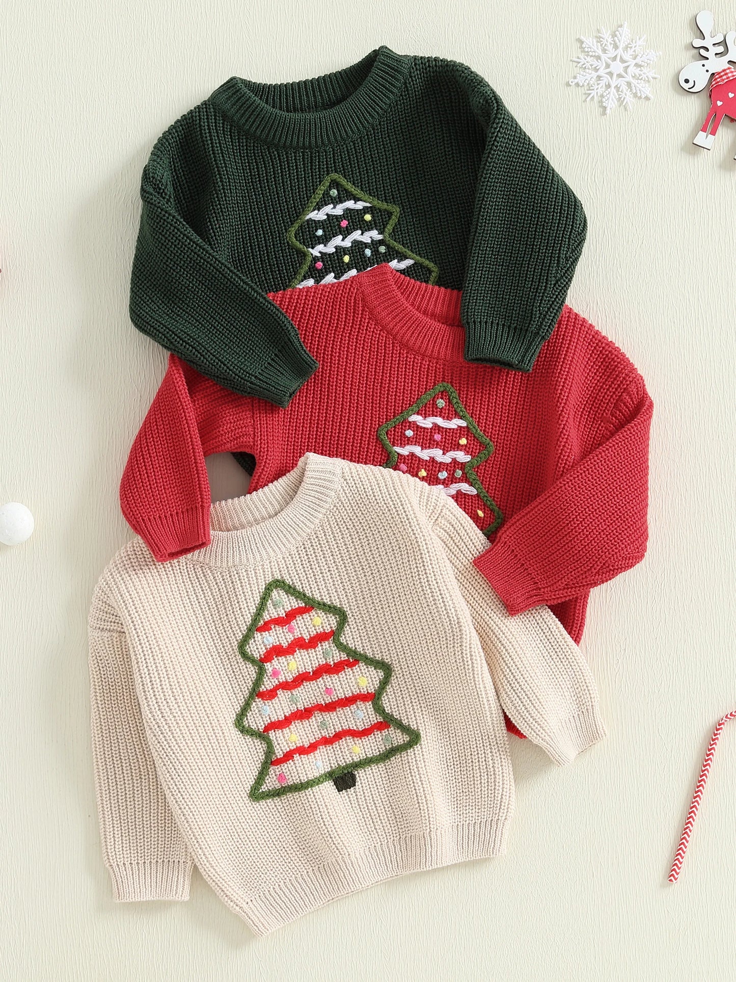 Baby Toddler Boys Girls Christmas Sweater Christmas Tree Embroidered Ribbed Long Sleeve Knitted Top for Winter