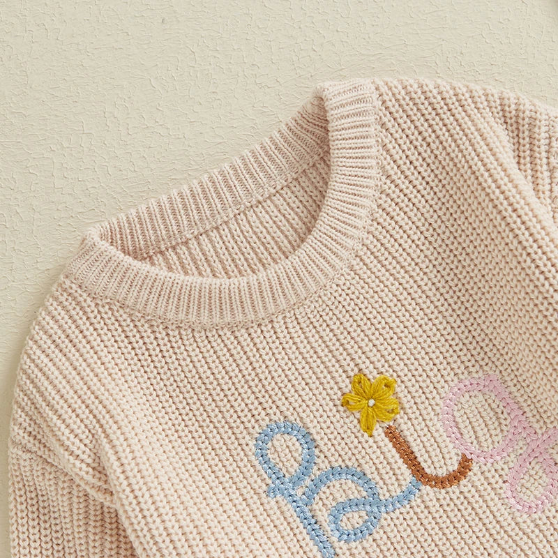 Baby Toddler Kids Girls Big Sister Fall Winter Sweater Casual Letter Flower Embroidery Crew Neck Long Sleeve Pullover Top