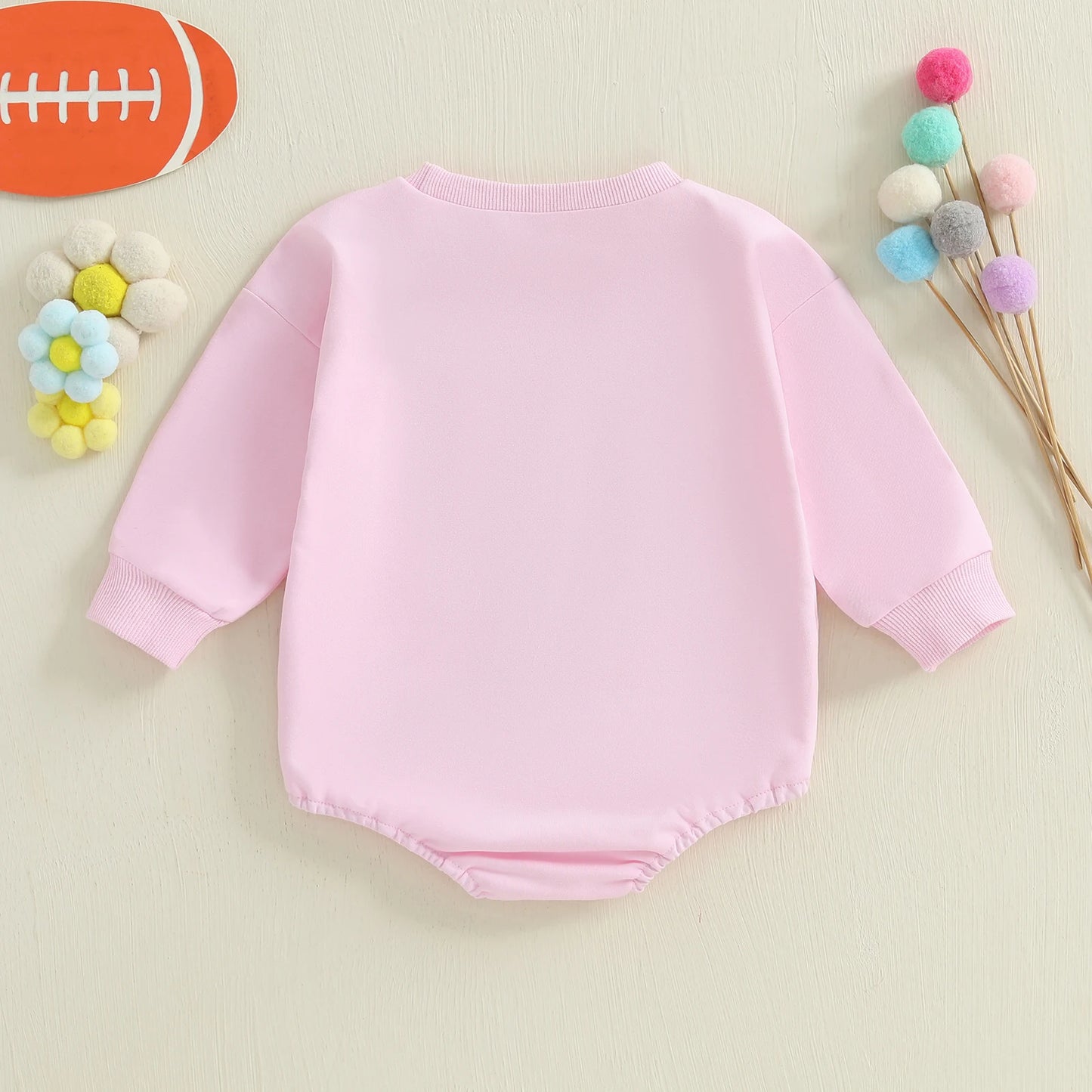 Baby Girl Huddles and Cuddles Bubble Romper Long Sleeve Crew Neck Bow Football Print Bodysuit Clothes