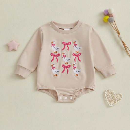 Baby Girl Bubble Romper Goose Bow Embroidered Crewneck Long Sleeve Bodysuit Cute Winter Fall Clothes