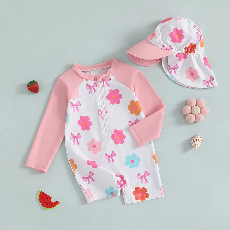Baby Toddler Girls 2Pcs Swimwear Long Sleeve Floral/Bow/Strawberry Print Half Zipper Rash Guard Bathing Suite with Sunhat Set