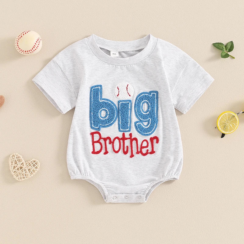 Baby Girl Boy Romper Short Sleeve Crew Neck Big Lil Bro Baseball Brother Big Sis Sister Letter Embroidery Bodysuit