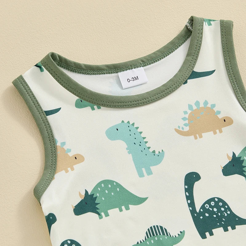 Baby Boys Summer Spring Romper Sleeveless Cartoon Dinosaur Print Tank Top Jumpsuit