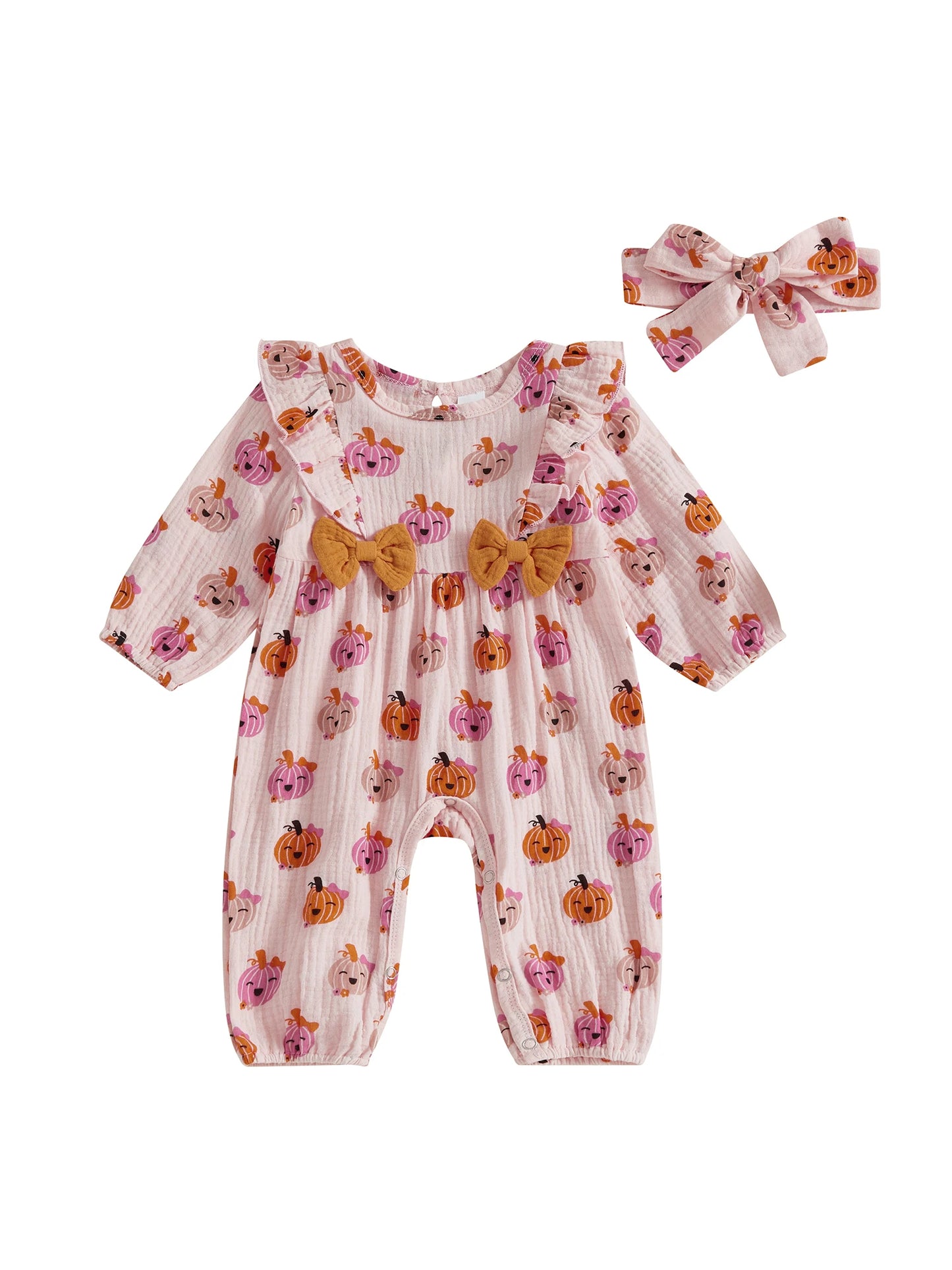 Baby Girl 2Pcs Halloween Outfit Pumpkin Ruffle Trim Long Sleeve Romper Tie-up Headband Cotton Linen Set