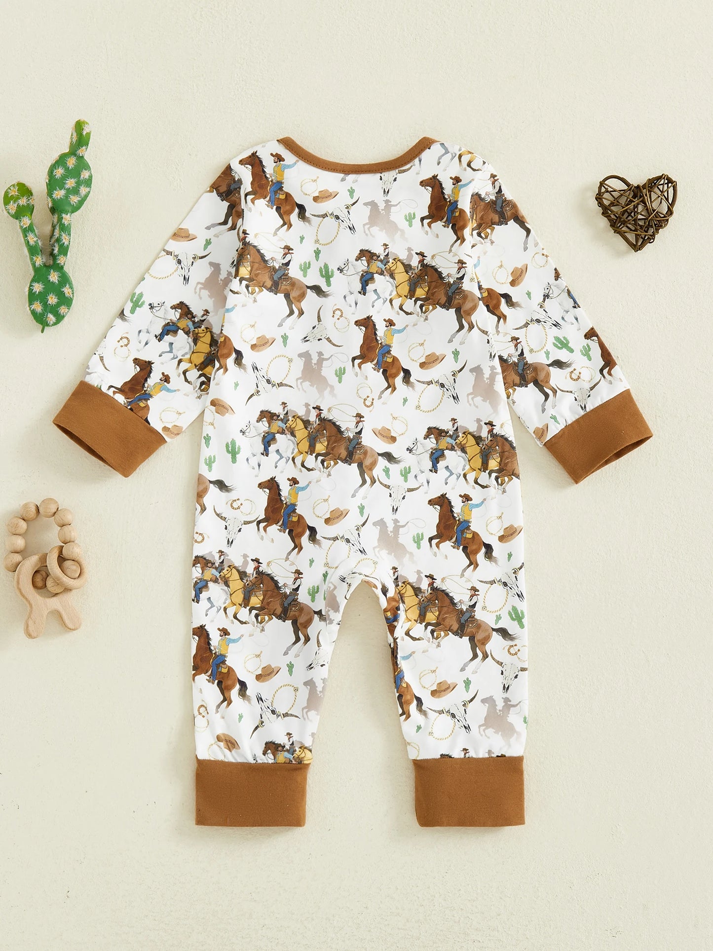 Baby Boy Western Zipper Romper Cactus Horse Print Long Sleeve Zip-up Jumpsuit Casual Infant Clothes
