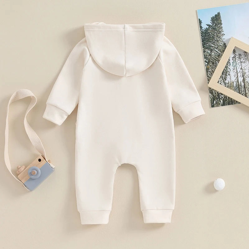 Baby Boy Girl Zipper Romper Long Sleeve Hooded Jumpsuit Solid Color Warm Bodysuit