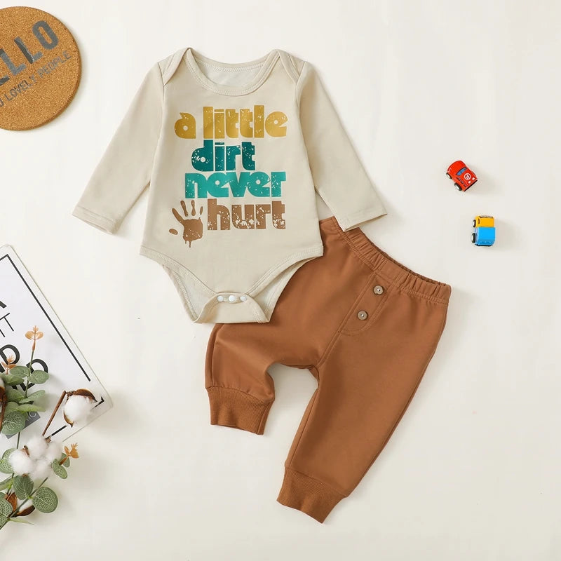 Baby Boys 2Pcs A Little Dirt Never Hurt Outfit Long Sleeve Letter Palm Hand Letter Tractor Print Romper Solid Color Pants Set