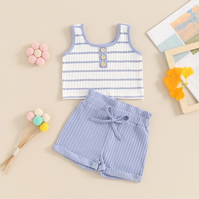 Toddler Baby Girl 2Pcs Summer Ribbed Set Striped Round Neck Sleeveless Tank Top Elastic Waist Shorts Outfit